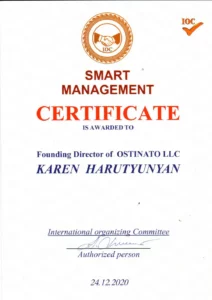 Smart Management հավաստագիրը International organizing Committee կողմից շնորհված Կարեն Հարությունյանին 2020 թվականին